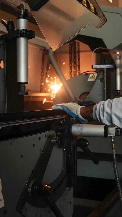 Sparks from a cold saw cutting a steel section at the Al Tilal factory