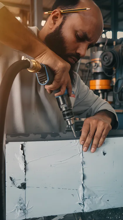 Close-up of a drilling operation on an aluminium profile
