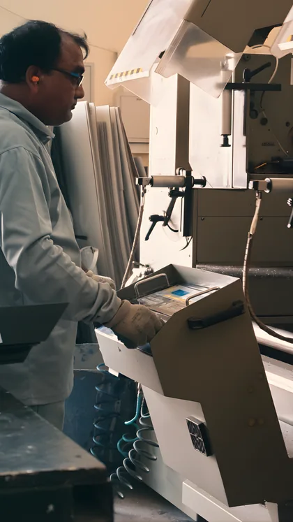 Operator measuring a fabricated section before the next process
